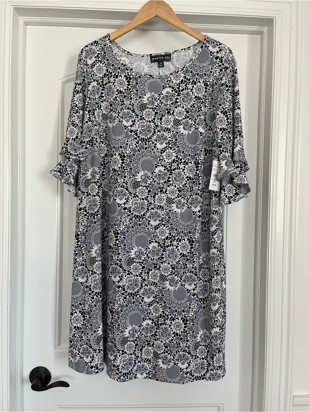 Harper Navy and White Floral Lace-Print Ruffle Sleeve Tunic
